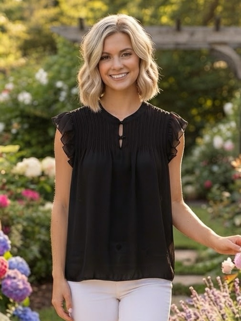 Alfani SILK Black Pleated Ruffle Cap-Sleeve Blouse